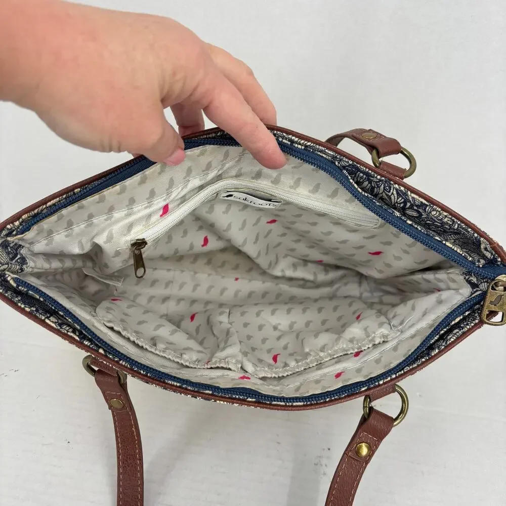 Sakroots Ellis Straw Satchel Shoulder Bag Blue Floral Boho Leather Trim Handbag - Picture 9 of 11